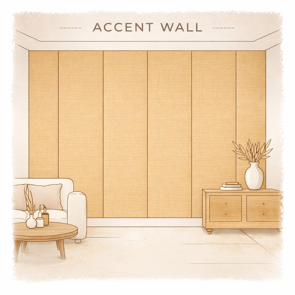 Symmetrical grasscloth accent wall in dining area